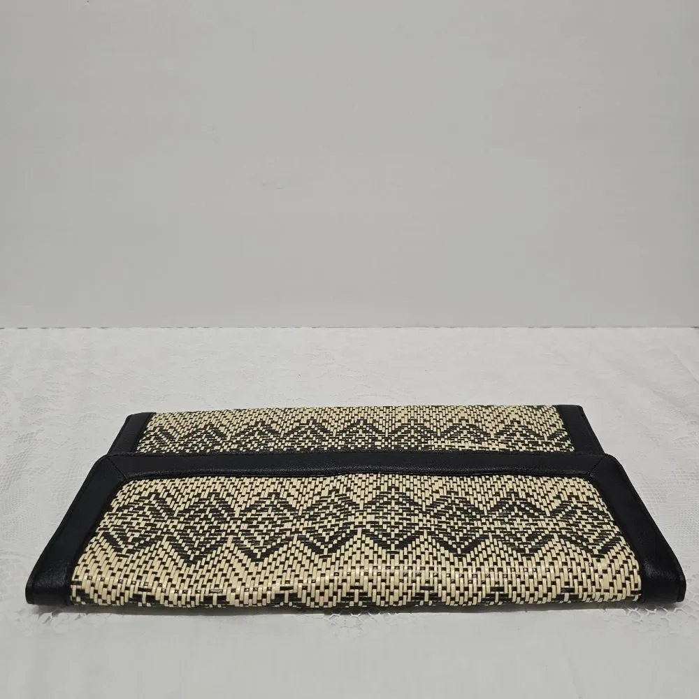 Banana Republic Chevron Straw Clutch Black Vegan Leather Trim Boho Chic NWT